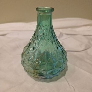 Iridescent Glass Green Bud Vase, Quilted Diamond Pattern, 5" Tall